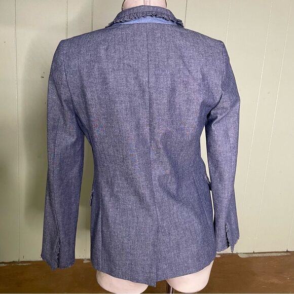 J. Crew Regent Blazer Jacket Chambray Denim Ruffles Academia Career Office Sz 0 - Picture 6 of 15
